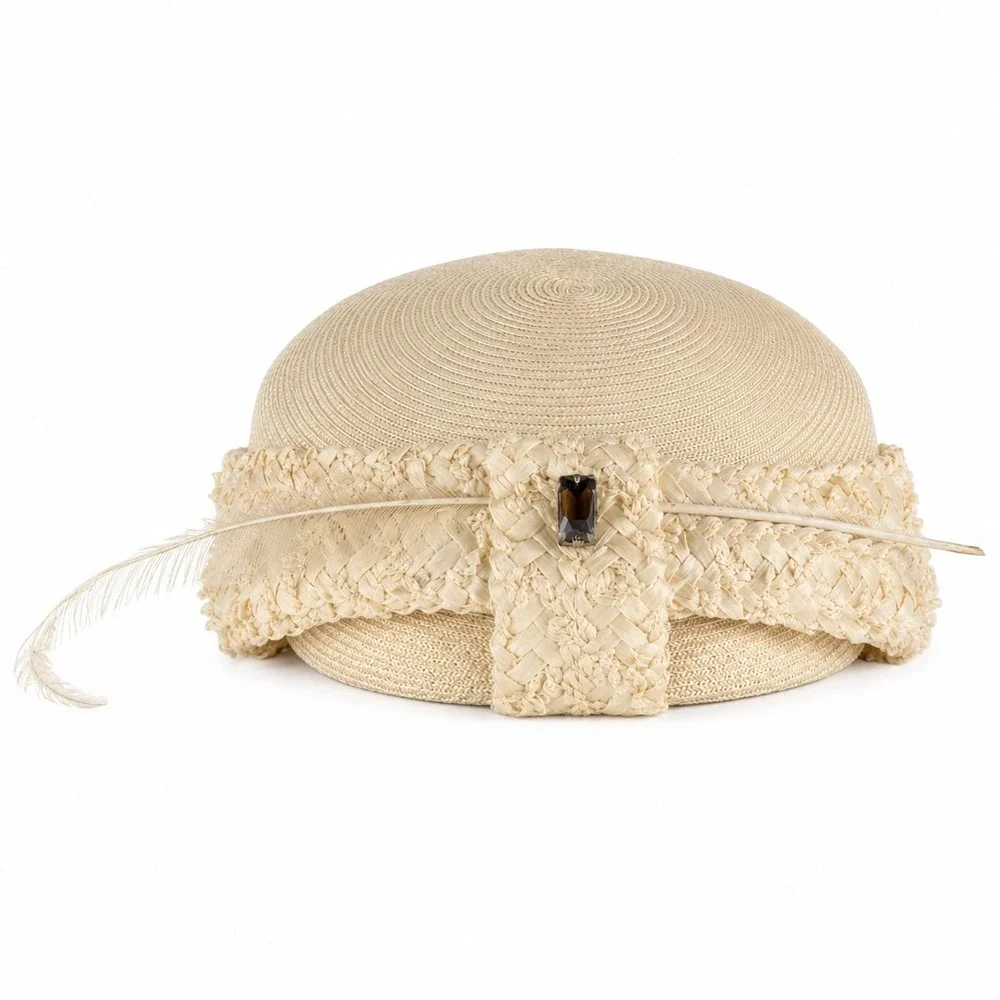 Vintage Cream Straw Pillbox Hat Feather Gemstone Detail Formal Church Wedding